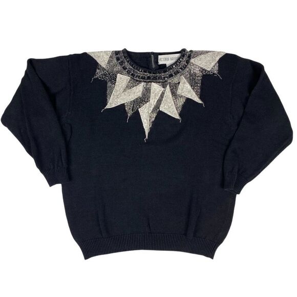 80s Black Abstract Pearl Jewel Knitted Vintage Sweater Victoria Harbour - Picture 1 of 5